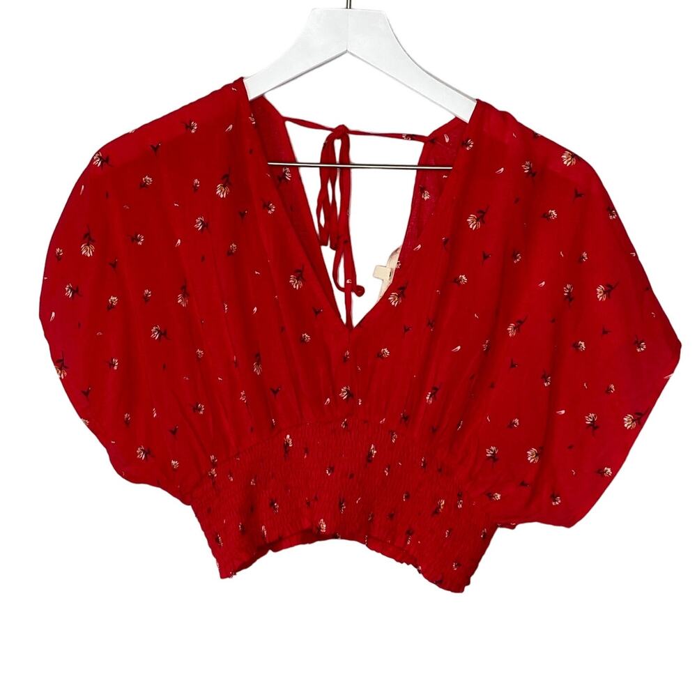 Le Lis Red Floral Crop Smocked Top - Women's Size Small